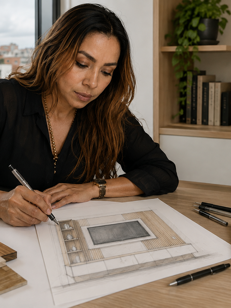 Andrea, diseñadora de Mukati, dibujando a mano el plano de un centro de entretenimiento en su mesa de trabajo