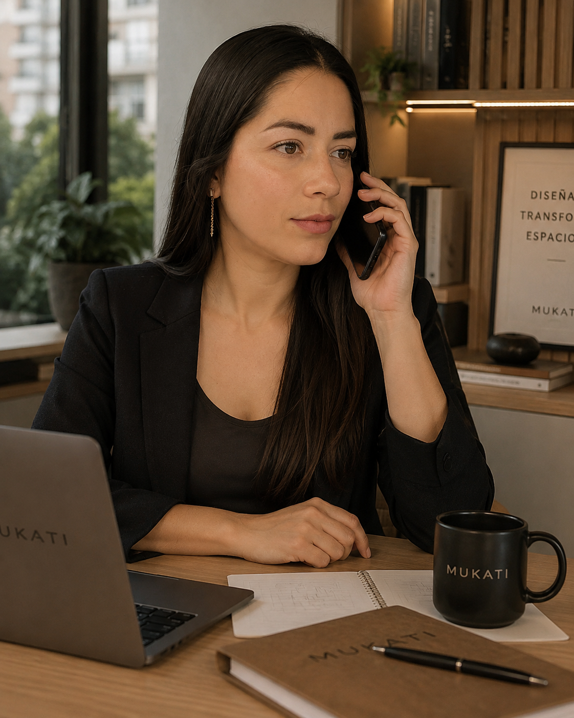 Laura, socia de Mukati, escuchando por teléfono a una clienta en su escritorio de trabajo