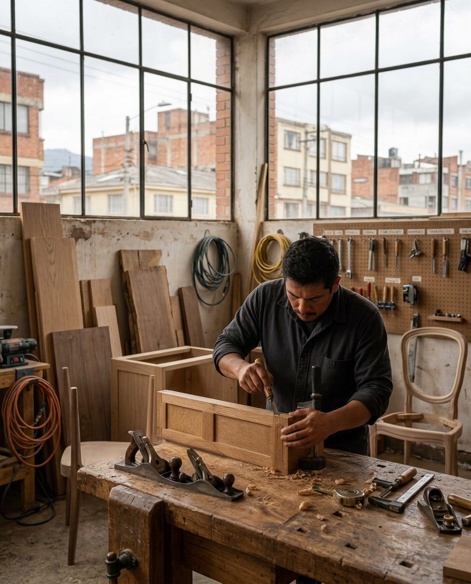 Ebanista ensamblando una unión en madera maciza de un mueble en el taller
