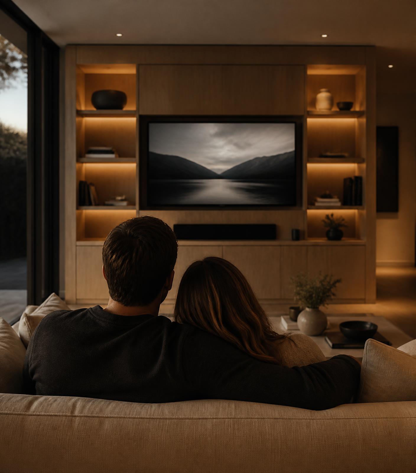 Pareja de espaldas viendo televisión frente a un centro de entretenimiento a la medida